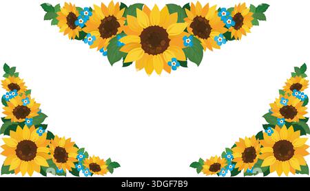 Cornice floreale girasole con Bouquet angolari e bordo superiore su sfondo bianco, illustrazione vettoriale Illustrazione Vettoriale