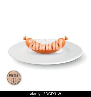 Icona Vector 3d Sausage on Plate, isolata. Simbolo del cibo per la cena con salsiccia. Illustrazione del pasto con spuntini di salsiccia. Frankfurter cotto su piatto bianco. Minimo Illustrazione Vettoriale