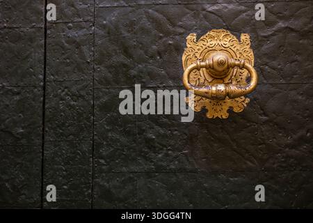 Un primo piano di una porta di ottone decorata bussare all'enorme cancello della concattedrale di San Nicola di Bari ad Alicante. Foto Stock