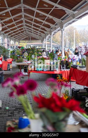 Bilbao, Spagna – 21 novembre 2021: Una vista generale del vivace Mercado de las Flores, dove gli amanti dello shopping in maschere per il viso curiosano tra le piante festive sotto la marca Foto Stock