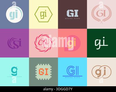 Modello aziendale logo gi. Logotipo lettera g e io. Imposta diverse lettere serif classiche e testo moderno in grassetto con elementi di design. Tipog font iniziale Illustrazione Vettoriale