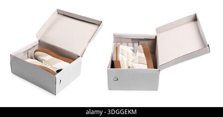 Sneaker in scatola di cartone su sfondo bianco. Deposito scarpe Foto Stock
