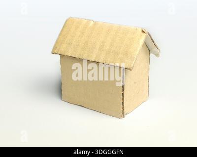 Modello di casa in miniatura realizzato a mano in cartone ondulato su sfondo bianco Foto Stock