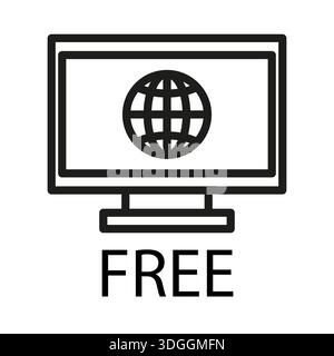 Icona del globo del monitor. Cartello Vector Internet FREE. Accesso Web in tutto il mondo. Illustrazione dello stile del contorno. Illustrazione Vettoriale
