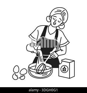 Line art di una donna sorridente che mescola gli ingredienti in una ciotola. Indossa un grembiule e prepara l'impasto. Uova e una scatola di farina sono sul piano di lavoro. Min Illustrazione Vettoriale