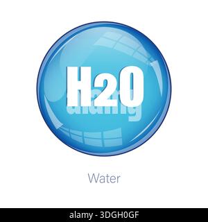 Icona acqua lucida. Sfera blu H2O. Formula chimica Vector. Pulsante liquido scientifico. Illustrazione Vettoriale