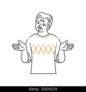 Semplice disegno in linea di una persona che stringe le mani aperte con un gesto confuso. Il maglione presenta un motivo a diamante e l'espressione è sconcertata Illustrazione Vettoriale