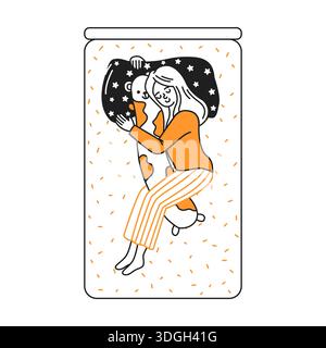 Illustrazione di una donna che dorme tranquillamente mentre abbraccia un cuscino con motivo a stella, indossa pantaloni a righe e una camicia accogliente, su un letto decorato. Illustrazione Vettoriale