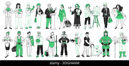 Questa illustrazione mostra una serie di professioni diverse, tra cui chef, artista, pompiere e molto altro ancora, ognuna raffigurata in un verde minimalista e b Illustrazione Vettoriale