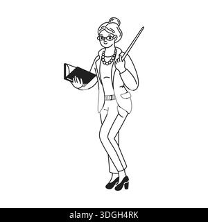 Un'illustrazione in bianco e nero presenta un'insegnante che tiene un libro in una mano e un puntatore nell'altra mentre indossa gli occhiali. Illustrazione Vettoriale