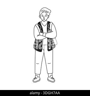 Illustrazione in bianco e nero che raffigura un giovane uomo in piedi con le braccia incrociate. Il personaggio indossa un outfit casual con un berretto e un paio di sneaker, che trasudano Illustrazione Vettoriale
