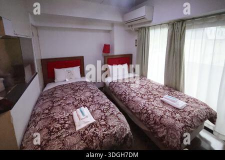 Camera d'hotel con letti gemelli, coperte marroni e testata rossa, Nikko, null, Giappone Foto Stock