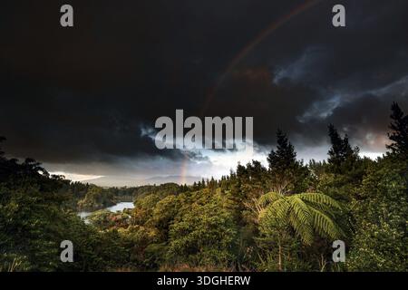 Vista panoramica della foresta e del monte Taranaki vicino al lago Mangamahoe con arcobaleno, zero Foto Stock