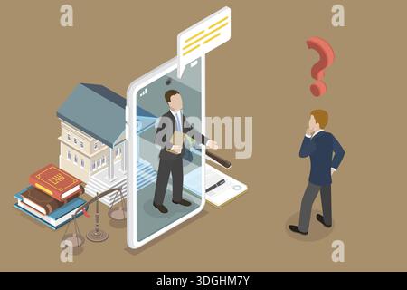 3D Isometric Flat Vector illustrazione di Legal Advice Online, Entrepreneur utilizza lo smartphone per la consultazione legale con l'avvocato Foto Stock
