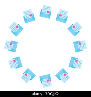 Cornice rotonda lettera d'amore in busta. Sfondo bianco isolato. Illustrazione vettoriale in stile piatto. Illustrazione Vettoriale