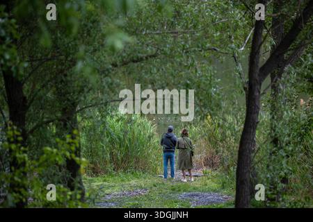 Un uomo e una donna stanno insieme sulla riva erbosa di un lago, visti da dietro. Sono incorniciati da alberi verdi, che guardano all'acqua e alle canne. Foto Stock