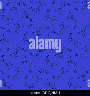 Motivo minimale senza cuciture con rami e foglie neri su sfondo blu. La sottile trama circolare aggiunge profondità. Ideale per tessuti e carte da parati moderni Foto Stock