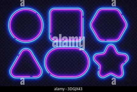 Collezione di forme brillanti al neon nei colori rosa e blu. Icone di luce futuristiche, tra cui cerchio quadrato esagonale triangolo ovale e stella Illustrazione Vettoriale
