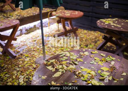 Tavoli rotondi in legno ricoperti di foglie gialle secche cadute si stagliano sulla terrazza vuota del caffè all'aperto di notte creando un'atmosfera accogliente e malinconica in autunno Foto Stock