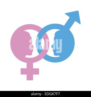 Simbolo di genere icona rosa e blu con testa di uomo e donna Illustrazione Vettoriale
