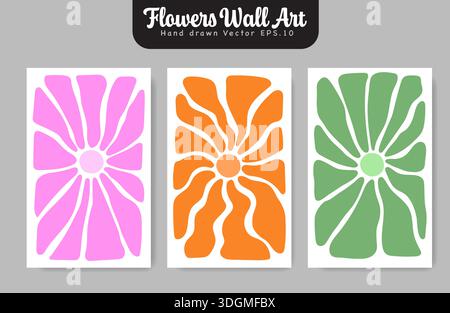Una serie di tre disegni colorati floreali con silhouette botaniche astratte rosa, arancione e verde per un arredamento moderno. Illustrazione Vettoriale