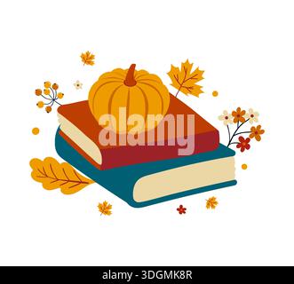 Intimi libri autunnali con zucca e fogliame autunnale stagionale Illustrazione Vettoriale