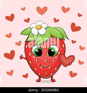 Carino cartone animato Strawberry con cuori. Illustrazione vettoriale della bacca su sfondo rosa con cuori. Illustrazione Vettoriale