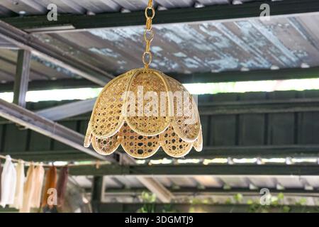 Lampada in rattan intrecciato con bordi smerlati appesi in uno spazio esterno accogliente e decorato con viti. Foto Stock