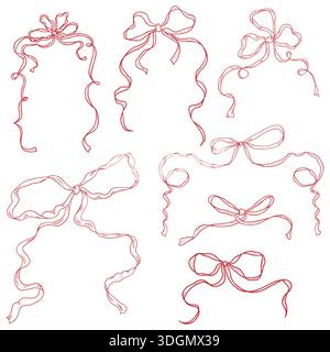 Archi e nastri rossi, stravagante schizzo disegnato a mano. Illustrazione vettoriale. Elegante collezione di fiocchi isolata su sfondo bianco. Adatto per matrimoni Illustrazione Vettoriale