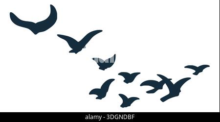 Flock of Flying Birds silhouette che si innalzano in cielo, Wildlife Freedom Grace Nature e Unity. Segno vettoriale disegnato a mano di migrazione dove, pulito isolato Illustrazione Vettoriale