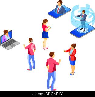 Modelli isometrici online per l'assistenza clienti. Striscioni smartphone call center, laptop con donna, consulente virtuale maschile, cuffia, classificazione, icone chat. Illustrazione Vettoriale