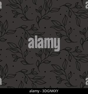 I rami delle piante presentano uno sfondo grigio scuro con foglie. Sfondo di una fattoria e grappoli floreali di notte Illustrazione Vettoriale