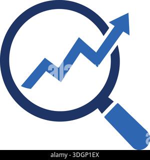 Icona vettoriale piatta di una lente d'ingrandimento con un grafico a freccia rivolto verso l'alto che simboleggia la crescita aziendale, l'analisi finanziaria, l'analisi dei dati, la ricerca di mercato, su Illustrazione Vettoriale