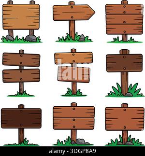 Insegne in legno con set vettoriale per erba - insegne in legno vuote Design dell'interfaccia utente del gioco Illustrazione Vettoriale