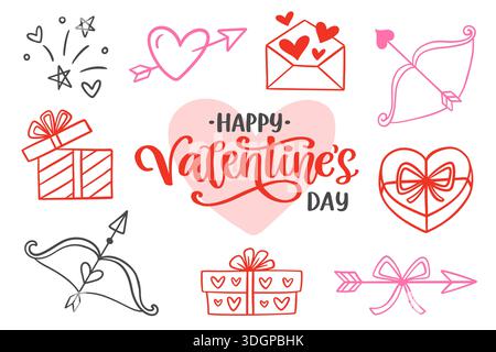 Set di elementi di design con icone Doodle di San Valentino Illustrazione Vettoriale
