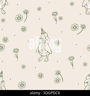 Simpatico motivo floreale senza cuciture con fiori e oca. Stampa primavera estate Preppy Illustrazione Vettoriale