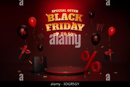 Sfondo Black Friday. Offerta regalo rossa, regalo in 3d o sconto speciale per festività. Striscione chiaro al neon. Piattaforma di presentazione dei prodotti vuota, design promozionale sul podio rotondo. Poster vettoriale Illustrazione Vettoriale