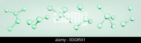 Cellula DNA 3D. Struttura atomica della scienza medica. Acqua molecolare o ossigeno grafico in vetro. Bolla chimica trasparente. Esperimento di laboratorio. Modello a catena atomica. Set di elementi scientifici di rendering vettoriale Illustrazione Vettoriale