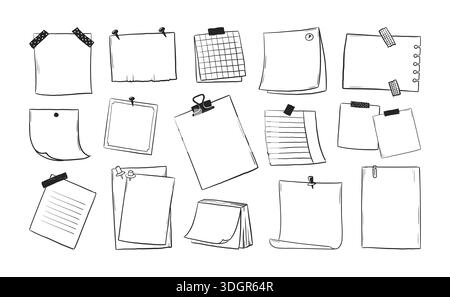 Telaio Doodle. Carta per appunti disegnata a mano, palo per appunti o avvisi adesivi scolastici. Carta per appunti, adesivo, adesivo e promemoria su colla o nastro adesivo. Set di cancelleria. Icone isolate vettoriali Illustrazione Vettoriale