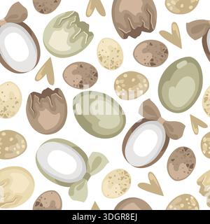 Disegno senza cuciture fatto a mano di uova di Pasqua, uova di uccelli, archi e cuori, guscio d'uovo crepato, sfondo decorativo pasquale Illustrazione Vettoriale