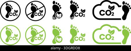 Set di icone a basso tenore di carbonio – simboli per la riduzione delle emissioni di CO2 e grafica per l'impronta ecologia sostenibile Illustrazione Vettoriale