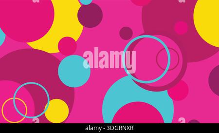 Cerchi geometrici in grassetto in giallo magenta e ciano. Sfondo vibrante astratto con colori CMY primari e un'estetica pop art moderna. Illustrazione Vettoriale