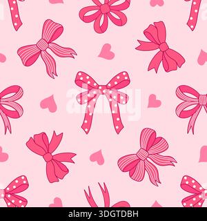 Motivo senza cuciture di fiocchi e cuori rosa con pois e righe. Ideale per San Valentino, tessuti ed estetica di coquette. Illustrazione Vettoriale