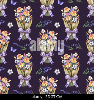 Affascinante motivo di acquerello senza cuciture con mazzi di lavanda in carta kraft legati con nastri viola e farfalle. Botanico dipinto a mano Foto Stock