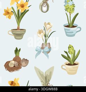 Modello pasquale senza cuciture disegnato a mano con fiori primaverili come narcisi e Giacinto e croco, gusci d'uovo e uccelli uova e nido Illustrazione Vettoriale