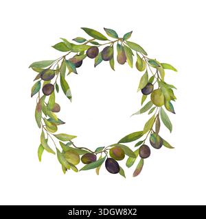 Cornice per ghirlande d'oliva di acquerello fatta di rami d'oliva con olive verdi e nere. Illustrazione botanica dipinta a mano in stile mediterraneo. Perfec Foto Stock