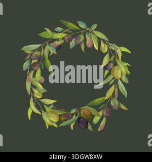Cornice per ghirlande d'oliva di acquerello fatta di rami d'oliva con olive verdi e nere. Illustrazione botanica dipinta a mano in stile mediterraneo. Perfec Foto Stock