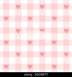 Un motivo senza cuciture su sfondo bianco con cuori rossi ad acquerello dipinti a mano e motivi a scacchi. Perfetto per il design in tessuto e per le stampe d'invito Foto Stock