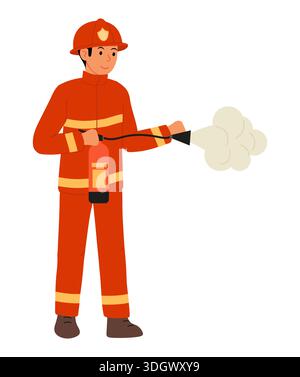 Funzionamento dell'estintore a polvere. Un vigile del fuoco professionista in tuta protettiva rossa tiene in mano un estintore. Illustrazione Vettoriale