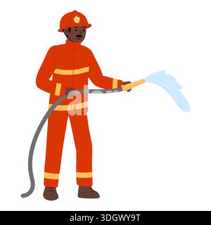 Estinzione degli incendi. L'uomo Nero con la tuta protettiva del pompiere regge una manichetta da cui fuoriesce l'acqua. Vettore piatto. Illustrazione Vettoriale